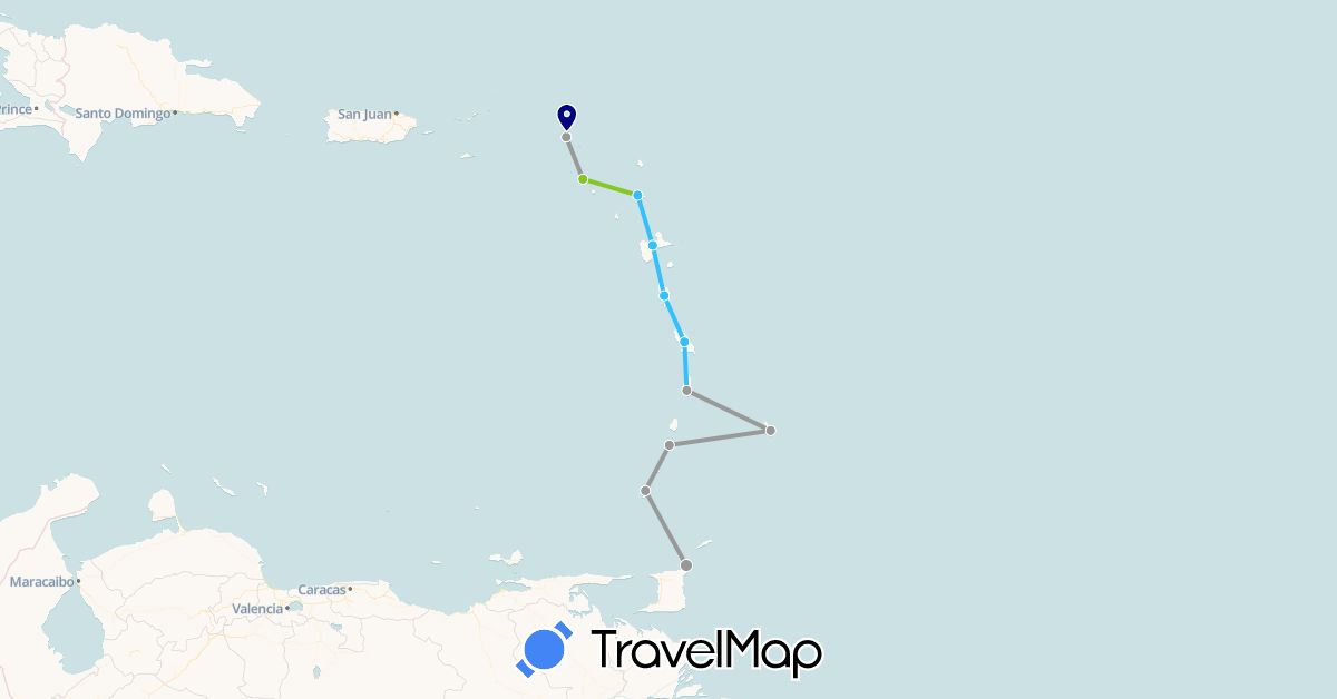 TravelMap itinerary: driving, plane, boat, electric vehicle in Antigua and Barbuda, Barbados, Dominica, France, Grenada, Saint Kitts and Nevis, Saint Lucia, Netherlands, Trinidad and Tobago, Saint Vincent and the Grenadines (Europe, North America)